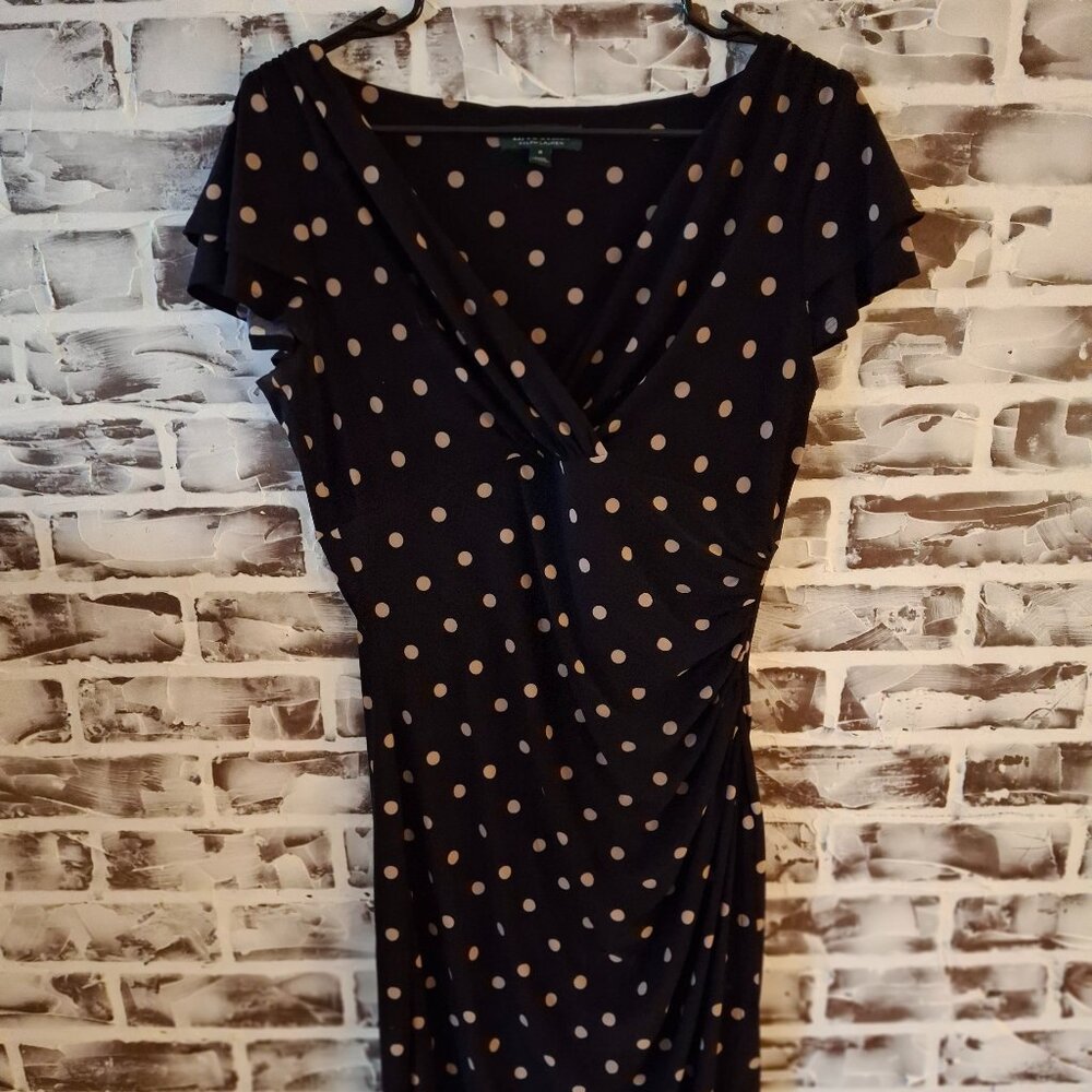 Lauren Ralph Lauren Size 8 Faux Wrap Dress Black Polka Dots